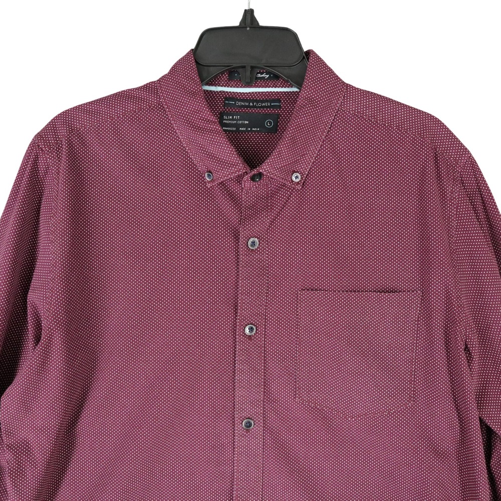 Denim & Flower Button Down Shirt Mens L Slim Fit Micro Dot Premium Cotton Casual